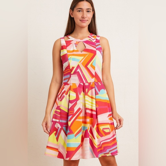 Nine West Sleeveless Fit & Flare Dress Multicolor Geometric Print Size 10 - Picture 1 of 4